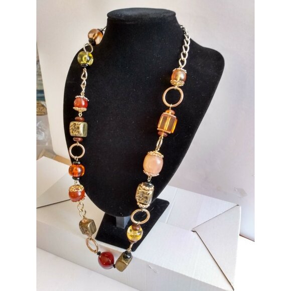 Vintage FAUX AMBER/GOLD TONE Cubes Statement  Lampwork Necklace - Picture 1 of 10
